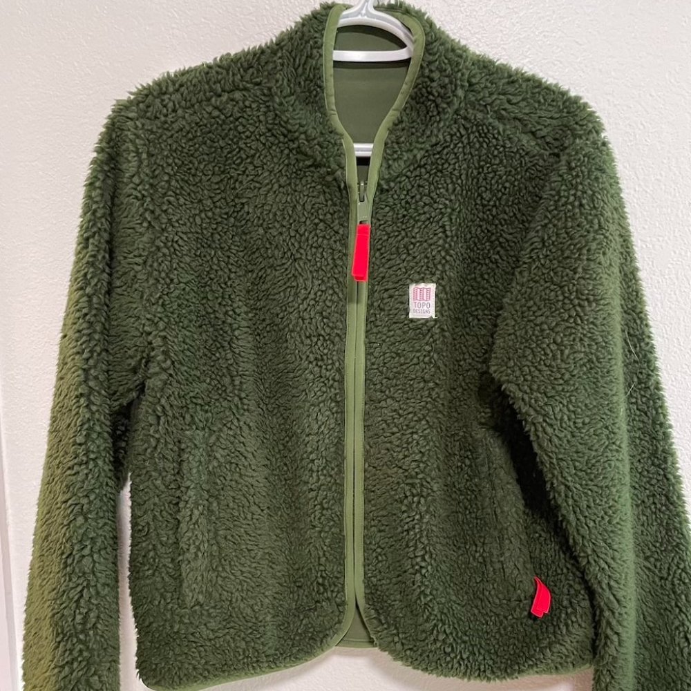 Topo Design Reversible Fleece Bomber - Olive Green, Small